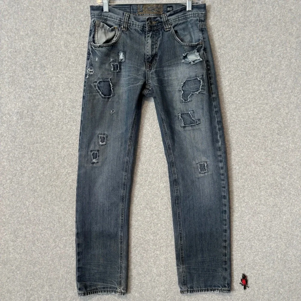 Lazer Mens 30x32‎ Straight Leg Jeans Blue Jeans Distressed Patchwork Grunge